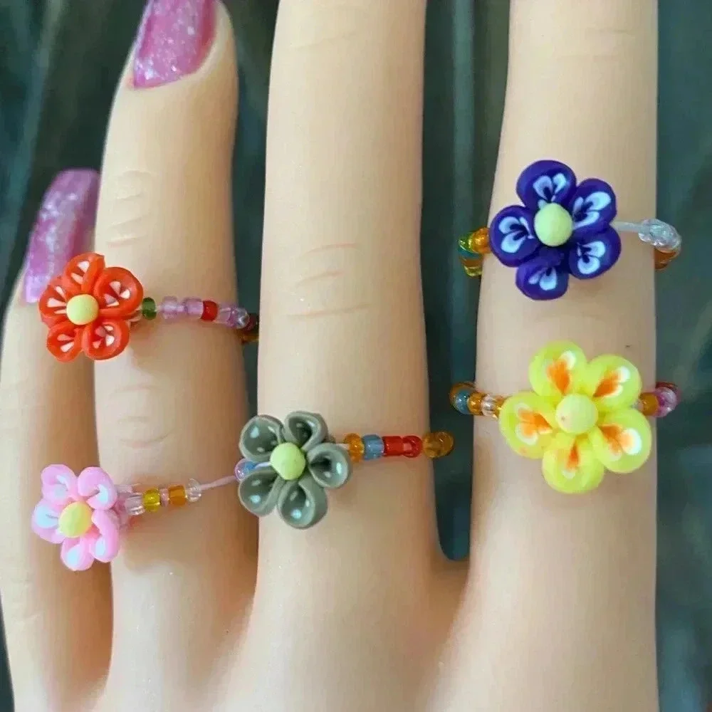5 Pack Colorful Handmade Flower Floral Y2K Stretch Rings NEW